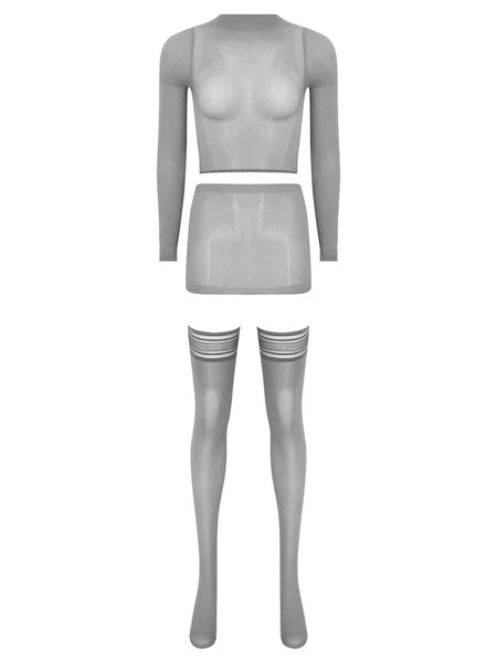 Womens Crop Top And Skirt With Stockings Round Neck Nightwear Tempting Glossy