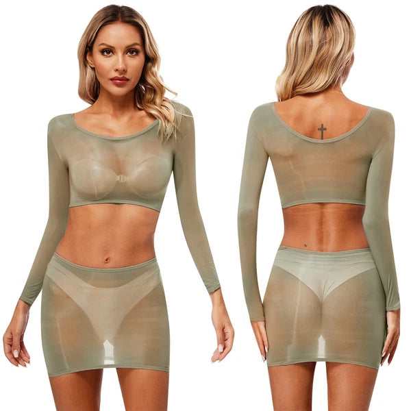 Womens Nightwear Bodycon Clubwear Nylon Outfits Perspective Crop Top Silky Mini