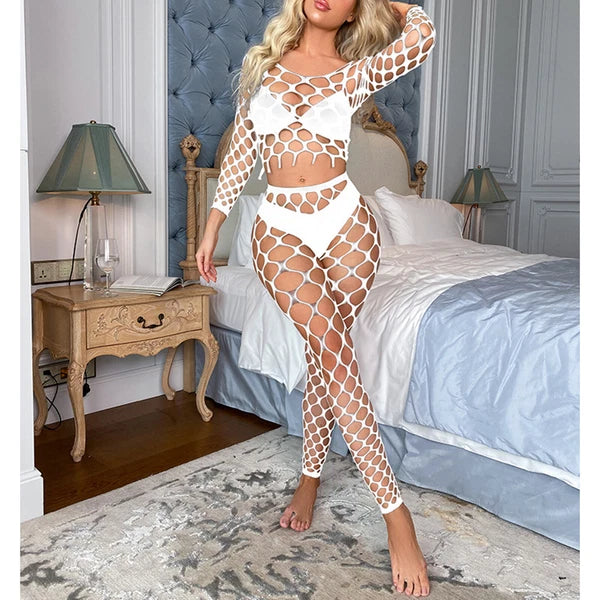 Womens Lingerie Sets Hollow Out See-Through Fishnet Nightwear Crop Top Leggings
