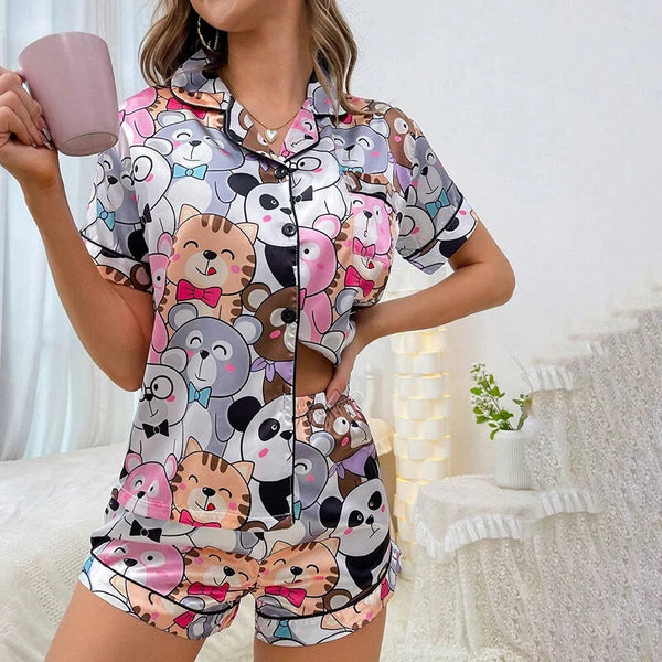 Women's Short Sleeve Silk Pajamas Set Print Satin Sleepwear Homewear Nightwear