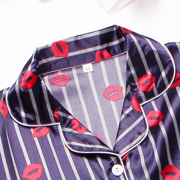 Women's Silk Satin Pajamas Set Short Sleeve Print Sleepwear Nightwear Pyjamas PJ