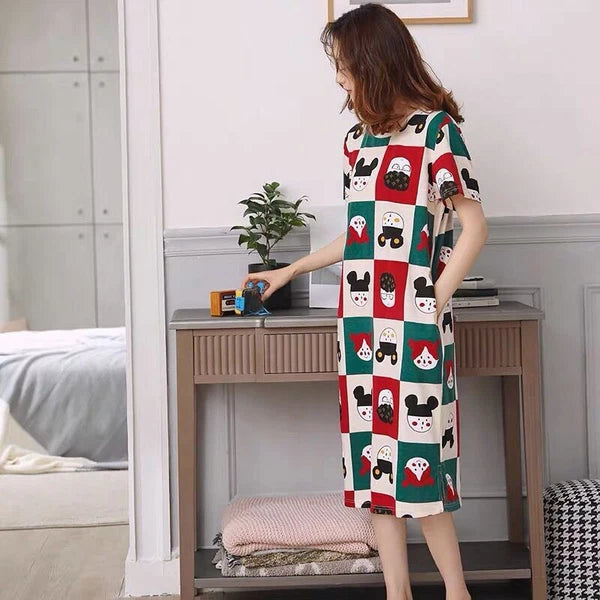 Summer Women's Sleep Shirt Dress Short Sleeve Cotton Casual Nightwear Pajama Set