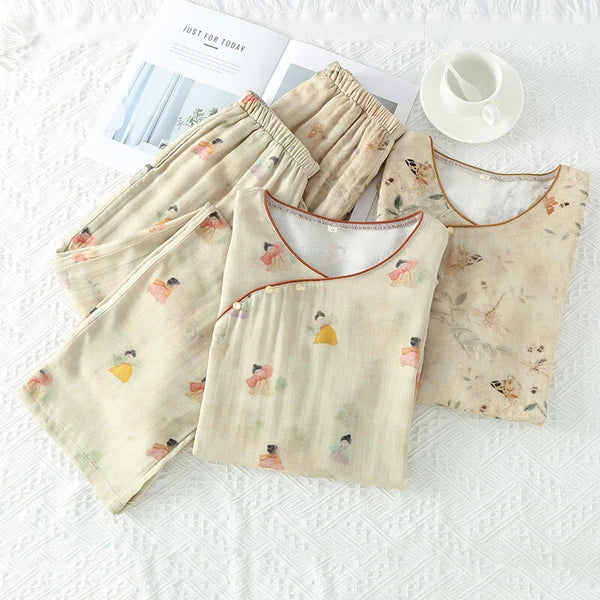 Chinese style Women's Bamboo Fiber Hanfu Summer Long Sleeved Topa & Pants Set