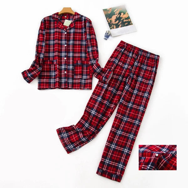Ladies/Womens 100% Brushed Cotton Pyjamas Set Check Print Button Up Loungewear