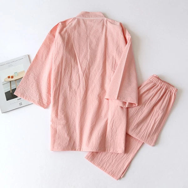 Women 100% Cotton Pajamas Japanese Kimono Robe Top+Pants Sleepwear Nightgown Set