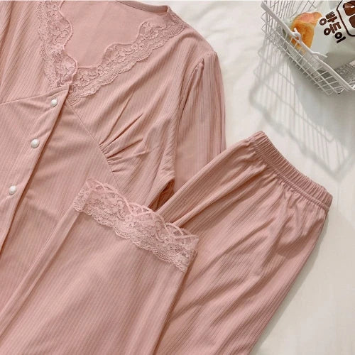 Pajama Sets Solid Lace V-neck Women Sweet Cute Kawaii Casual Long Sleeve  Loose