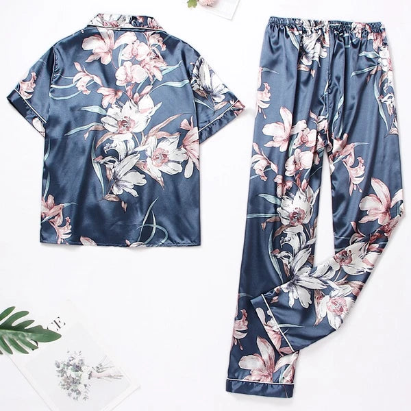 Women's Silk Satin Pajamas Set Short Sleeve Print Sleepwear Nightwear Pyjamas PJ