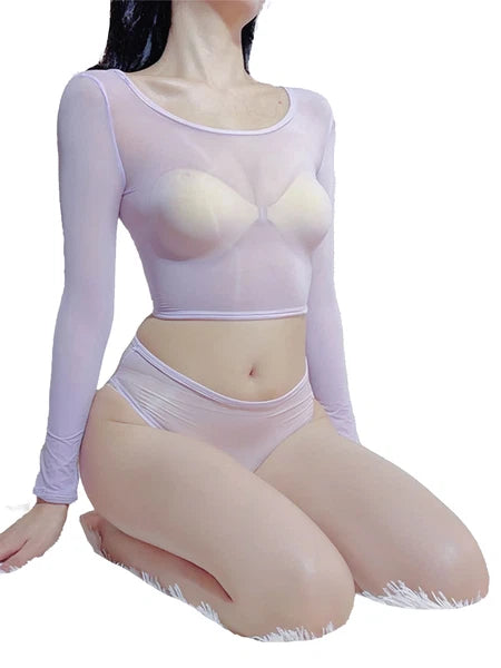 Womens Lingerie Set Slim Fit Crop Top With Briefs Stretchy Nightwear Sheer Sexy