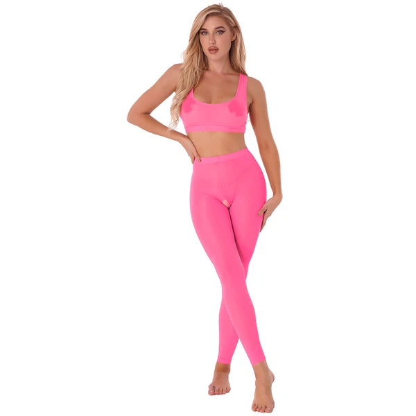 Women 2pcs Lingerie Set Sleeveless Crop Top High Waist Crotchless Leggings Pants