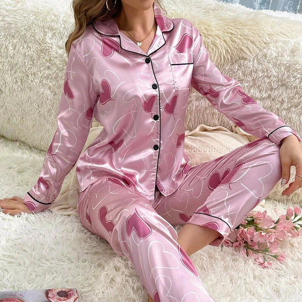 Women Silk Satin Pajamas Set Long Sleeve Button-Down Sleepwear Loungewear Charm