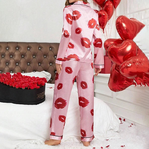 Women Silk Satin Pajamas Set Long Sleeve Button-Down Sleepwear Loungewear Charm