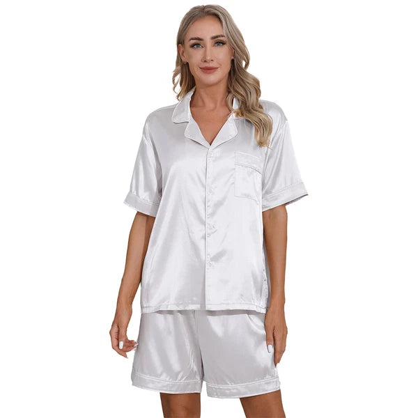 AU Women's Satin Pajamas Short Sleeve Top with Shorts Sleepwear Loungewear Set