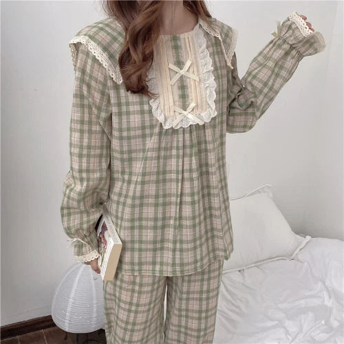 Lolita Princess Pajamas Set Women Loose Lacework Bow Tie Plaid Top Pants 2 Pcs