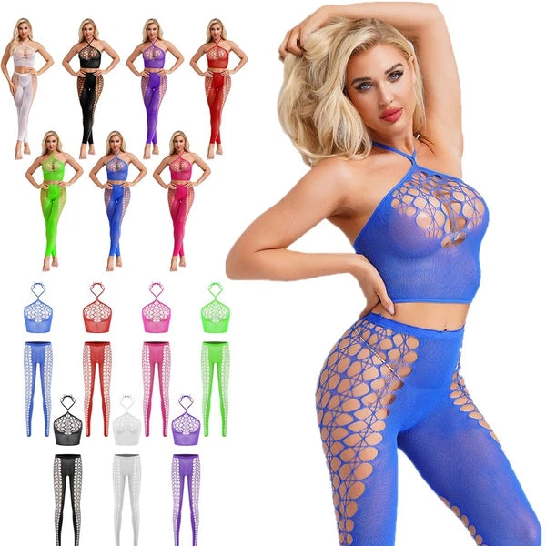 Womens Hollow Out Translucent Lingerie Set Stretchy Fishnet Solid Color Tights