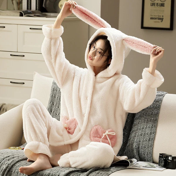 Women Winter Warm Hooded Set Flannel Sleepwear Pajamas Nightwear Loungewear