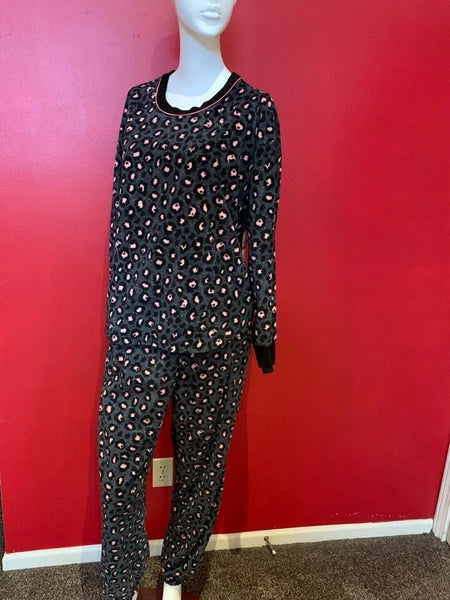 Cuddi Duds Women's Leopard Fleece Crew Neck and Jogger Set Grey/Pink L, XL