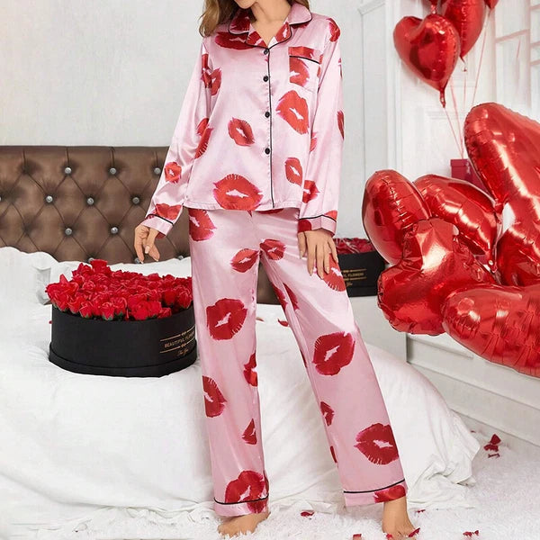 Women Silk Satin Pajamas Set Long Sleeve Button-Down Sleepwear Loungewear Charm