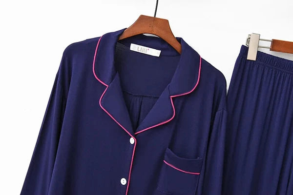 2PCS Pajama Sets Women Long Sleeve Solid Loose Breathable Soft Lady Suit Womens