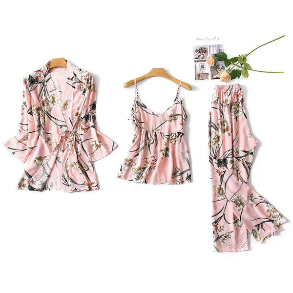 3PC Women Night Dress Silk-Cotton Pajama Sleepwear Long Robes Nightwear Gown Set