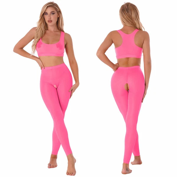 Women 2pcs Lingerie Set Sleeveless Crop Top High Waist Crotchless Leggings Pants