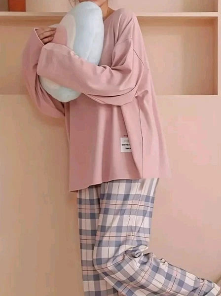 Plaid Print Crew Neck Pyjama Set Casual Long Sleeve Long Bottoms