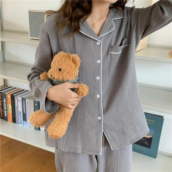 Spring Pajama Set Women Pure Cotton Crepe Long Sleeve Pajamas Suit Layer Gauze