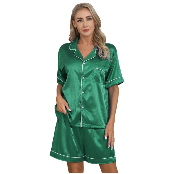 Women's 2PCS Satin Pajamas Set Short Sleeves Button Shirt with Shorts AU