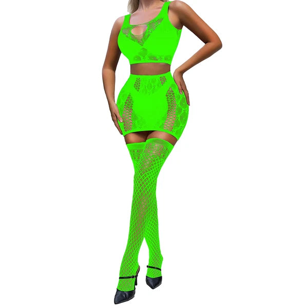 Women Fishnet Mesh Lingerie Set Babydoll Body Chemise Crop Tops Skirts Stockings