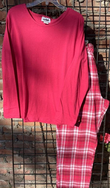 New Pajama Sets Solid Top Plaid Flannel  Bottom    Med  Large