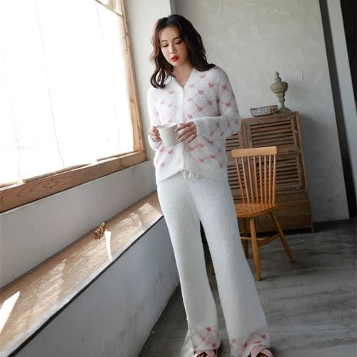 Velvet Sleepwear Winter Warm Pajamas Ladies Cardigan Pijamas Trousers Homewear