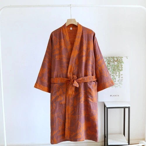Women's Printed Cotton Loose Fitting Bathrobe Tie Up Sweat Steaming Robes
