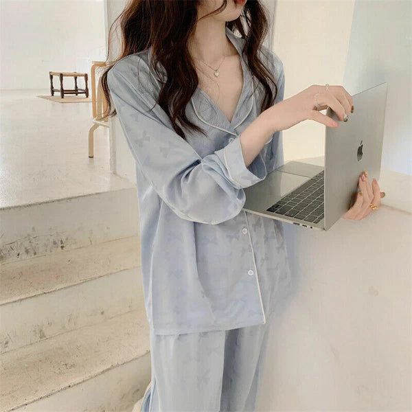 Satin Silk Soft Princess Pajama Set Women HomeClothes BowTie Kawaii Cute Pyjamas