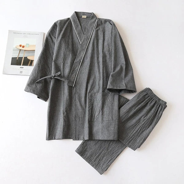 Women 100% Cotton Pajamas Japanese Kimono Robe Top+Pants Sleepwear Nightgown Set