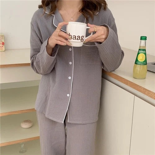 Spring Pajama Set Women Pure Cotton Crepe Long Sleeve Pajamas Suit Layer Gauze