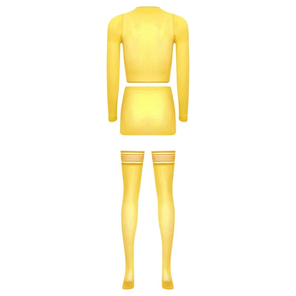 Womens Crop Top And Skirt With Stockings Round Neck Nightwear Tempting Glossy