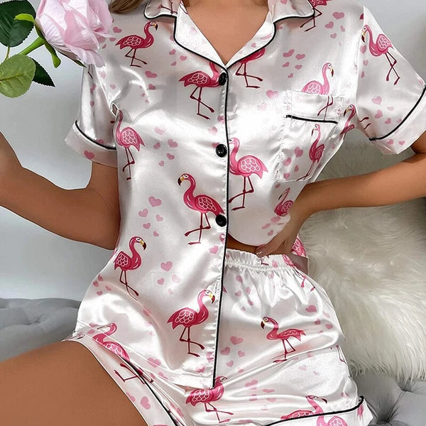 Women's Short Sleeve Silk Pajamas Set Print Satin Sleepwear Homewear Nightwear