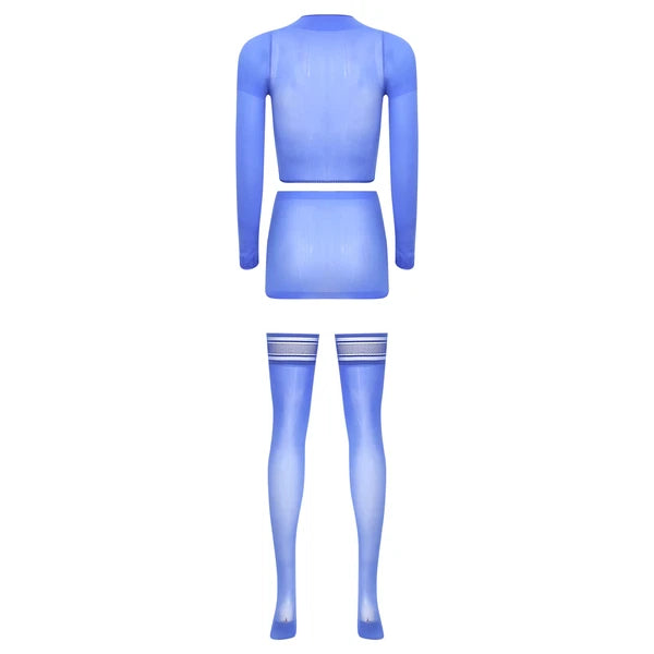 Womens Crop Top And Skirt With Stockings Round Neck Nightwear Tempting Glossy