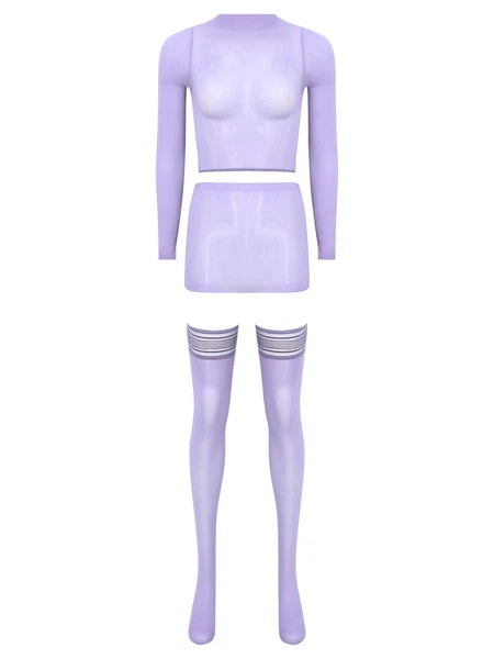 Womens Crop Top And Skirt With Stockings Round Neck Nightwear Tempting Glossy