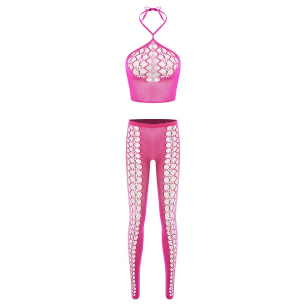 Womens Hollow Out Translucent Lingerie Set Stretchy Fishnet Solid Color Tights