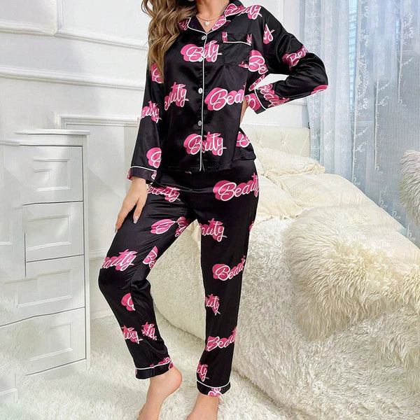 Women Silk Satin Pajamas Set Long Sleeve Button-Down Sleepwear Loungewear Charm