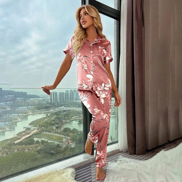 Women's Silk Satin Pajamas Set Short Sleeve Print Sleepwear Nightwear Pyjamas PJ