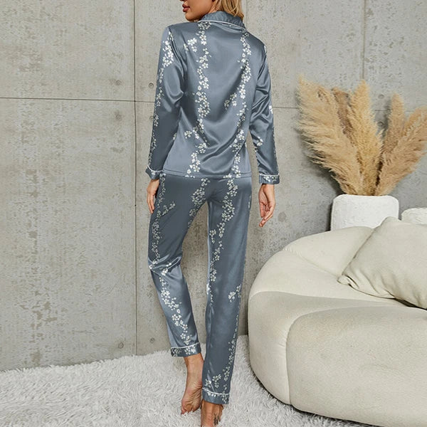 Women Silk Satin Pajamas Set Long Sleeve Button-Down Sleepwear Loungewear Charm