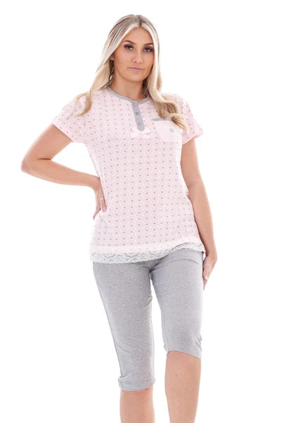 Ladies Capri Pyjama Set 2 Piece Heart Pocket Lace Buttons Bow Cropped Nightwear