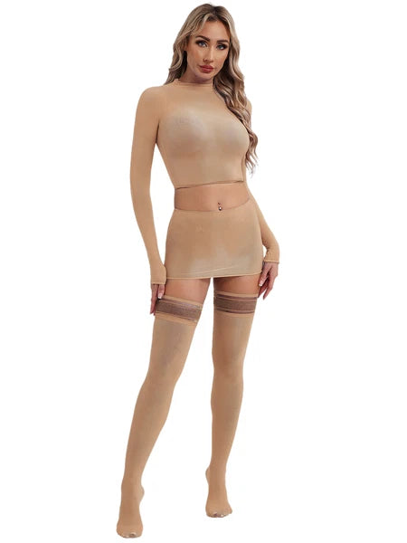 Womens Crop Top And Skirt With Stockings Round Neck Nightwear Tempting Glossy