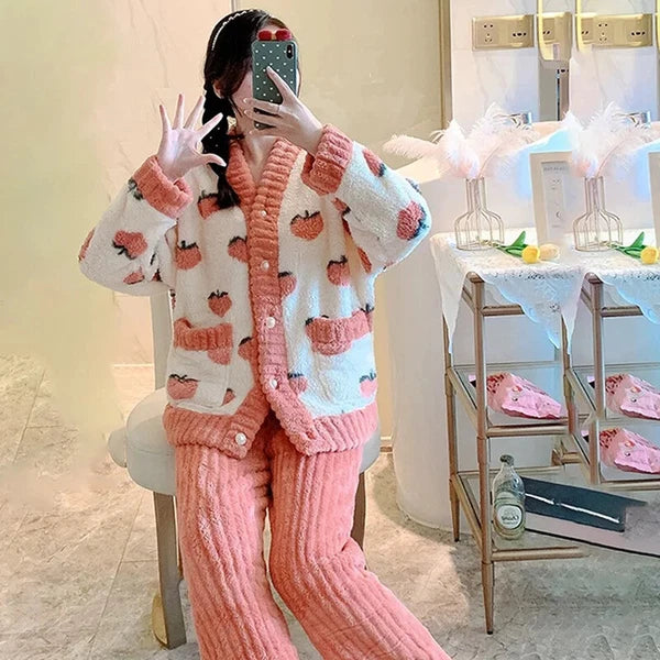 Women Pajamas Loungewear Winter Peach Sleepwear Homewear Two-Piece Set Nightwear