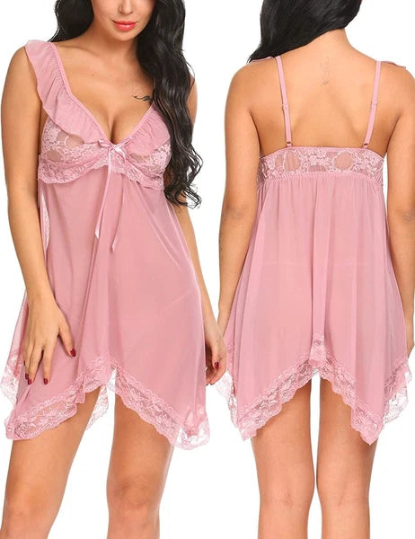 Pink-Women-Sexy-Lingerie-Sleepwear-Lace-Panties-Underwear-Nightwear-Babydoll-Set