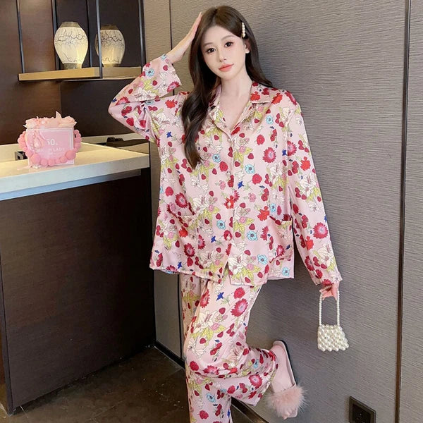 Women Satin Silk Pajamas Flower Printing Sleepwear Homewear Long Sleeve Pajama