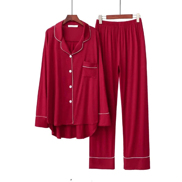 2PCS Pajama Sets Women Long Sleeve Solid Loose Breathable Soft Lady Suit Womens