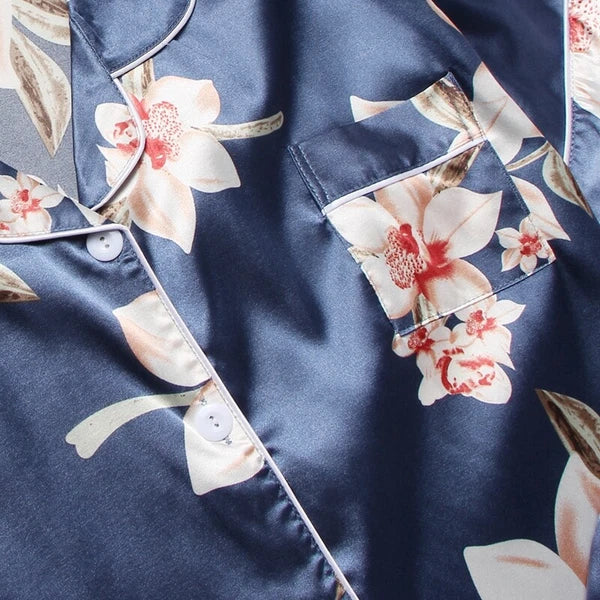 Women's Silk Satin Pajamas Set Short Sleeve Print Sleepwear Nightwear Pyjamas PJ
