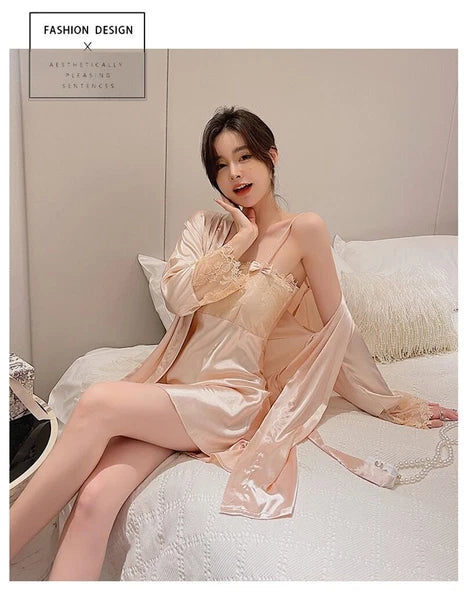 2023 Women's summer short sleeved thin satin pajama robe 2-piece set